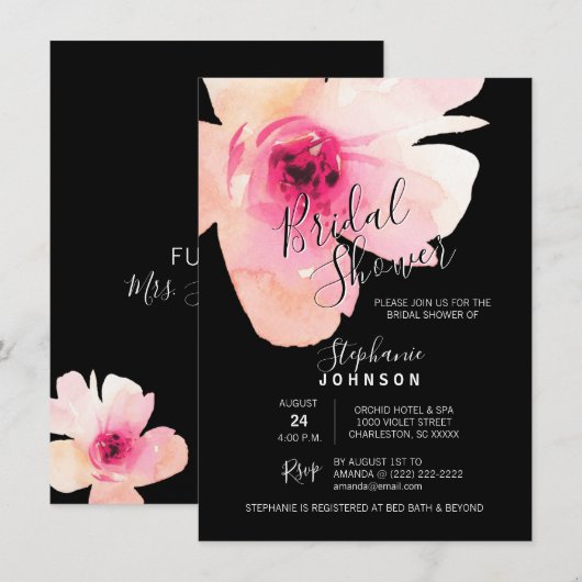 Waterverf Bloemen Roze Zwart Vrijgezellenfeest Kaart (Voorkant / Achterkant)