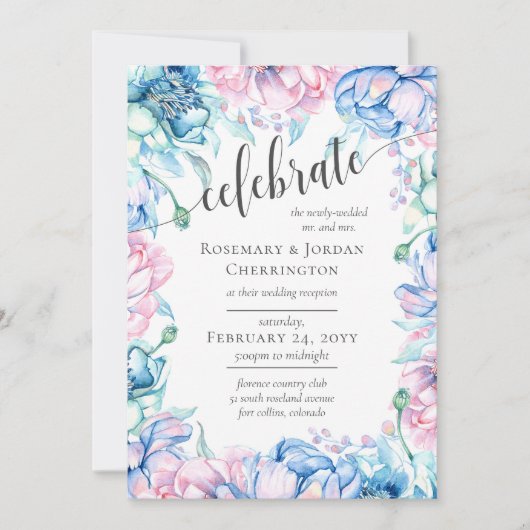 Waterverf Bloemen & Rustiek Hout Bruiloft Receptie Kaart (Voorkant)