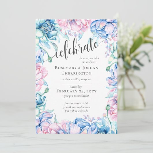 Waterverf Bloemen & Rustiek Hout Bruiloft Receptie Kaart (Staand voorkant)