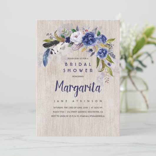 Waterverf Bloemen Rustiek Navy Vrijgezellenfeest Kaart (Staand voorkant)