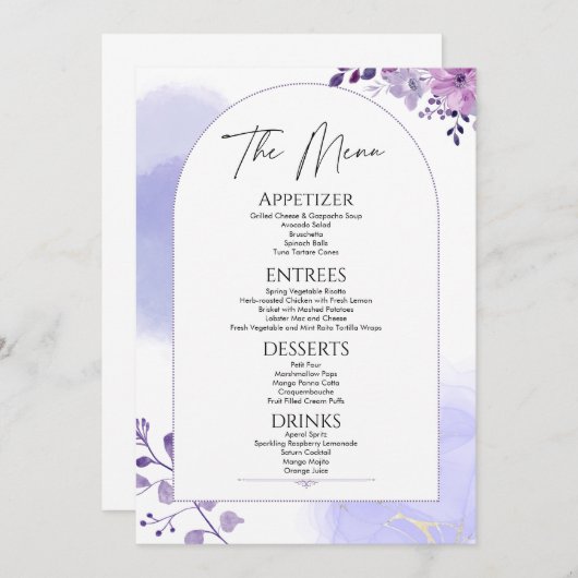 Waterverf Bloemen Rustiek Paarse Bruiloft Menu (Voorkant / Achterkant)