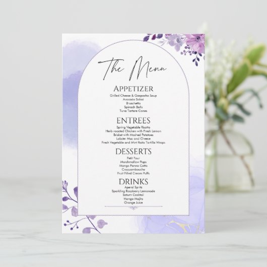 Waterverf Bloemen Rustiek Paarse Bruiloft Menu (Staand voorkant)