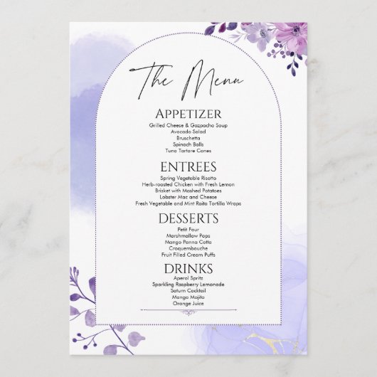 Waterverf Bloemen Rustiek Paarse Bruiloft Menu (Voorkant)