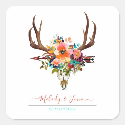 WATERVERF BLOEMEN, RUSTIEKE BOHO SKULL+ARROW VIERKANTE STICKER (Voorkant)