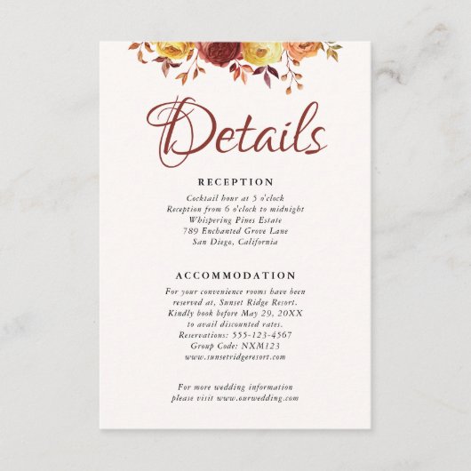 Waterverf Bloemen Rustieke Herfst Warm Herfst Huwe Informatiekaartje (Voorkant)