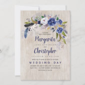 Waterverf Bloemen Rustieke Navy Bruiloft Kaart (Voorkant)