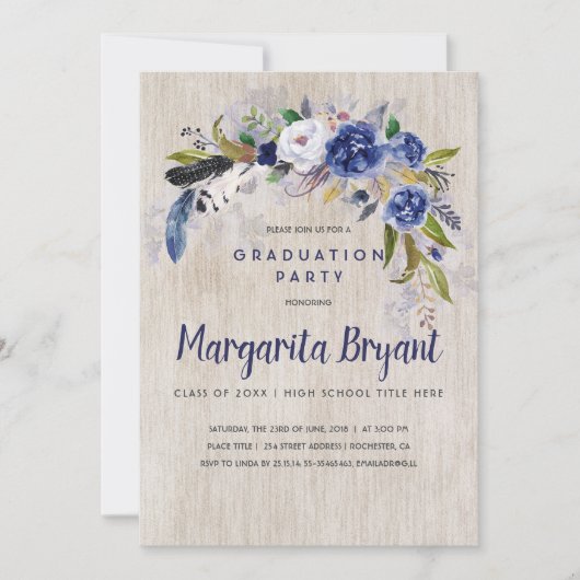 Waterverf Bloemen Rustieke Navy Graduation Party Kaart (Voorkant)