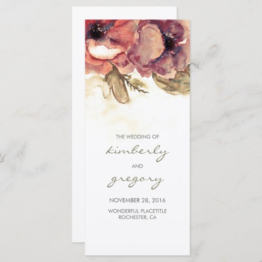 Waterverf Bloemen  Rustieke Trouwprogramma's Programmakaart (Voorkant / Achterkant)