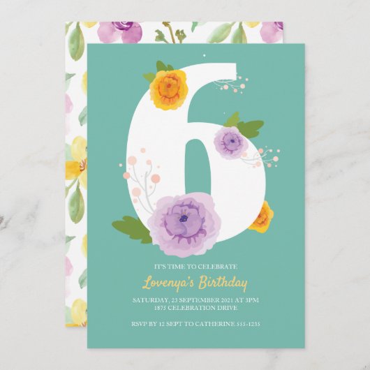 Waterverf Bloemen Schattige 6e verjaardag Save The Date (Voorkant / Achterkant)