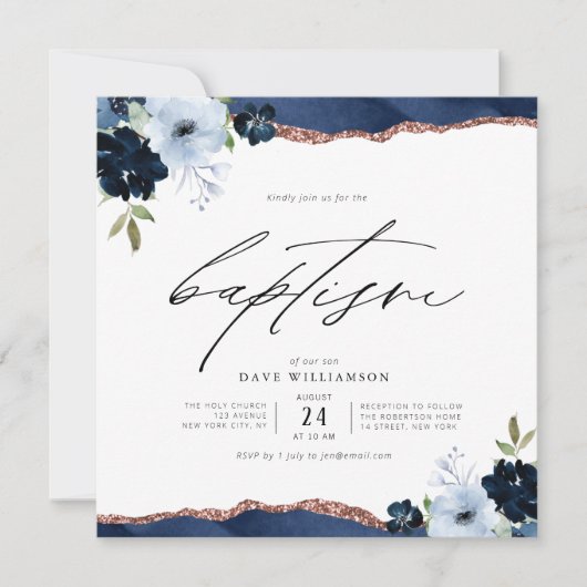 waterverf bloemen script blauw baptisme uitnodigin kaart (Voorkant)
