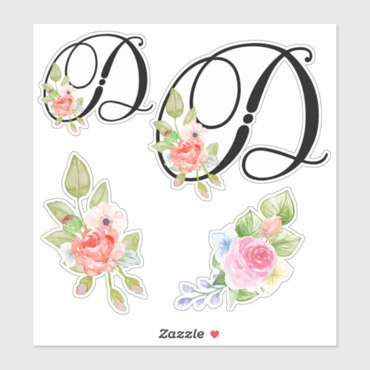 Waterverf Bloemen Script Monogram Letter D Sticker (Vel)