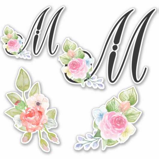 Waterverf Bloemen Script Monogram Letter M Sticker (Voorkant)