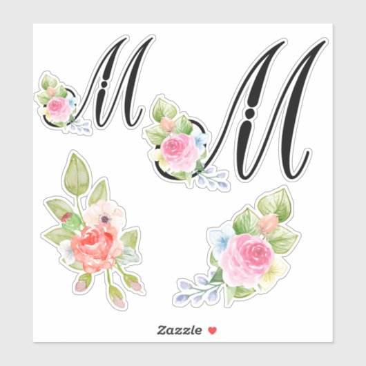Waterverf Bloemen Script Monogram Letter M Sticker (Vel)