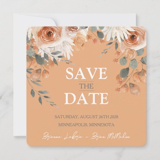 Waterverf Bloemen Sinaasappel Perzik Bruiloft Vier Save The Date (Voorkant)