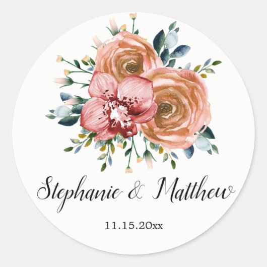 waterverf Bloemen Sinaasappel Rozen Orchideeën Bru Ronde Sticker (Voorkant)