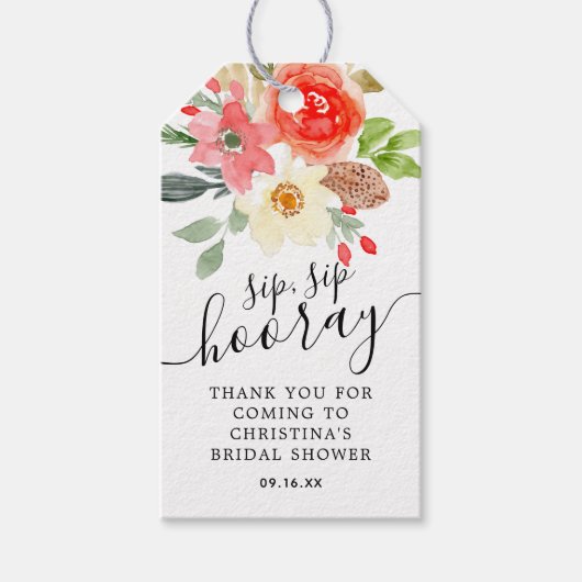 Waterverf Bloemen Sip Sip Hooray Bruidsdouche Cadeaulabel (Voorkant)