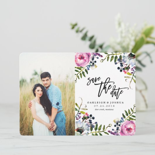 Waterverf  Bloemen sparen de Datum met Foto Save The Date (Staand voorkant)