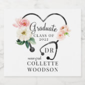 Waterverf Bloemen Stethoscoop Doctor Afstuderen Sparkling Wijnetiket (Enkel label)