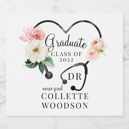 Waterverf Bloemen Stethoscoop Doctor Afstuderen Sparkling Wijnetiket (Enkel label)