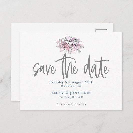 Waterverf Bloemen Stijlvol script Save the date Briefkaart (Voorkant / Achterkant)