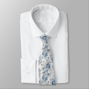 Waterverf Bloemen Stof Blauw Marine Rozen Stropdas
