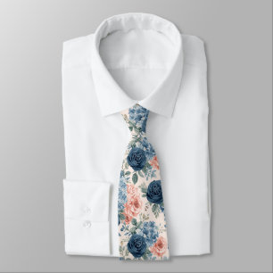 Waterverf Bloemen Stof Blauw Marine Rozen Stropdas
