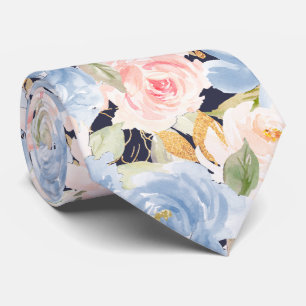 Waterverf Bloemen Stof Blauw Stof Roze Rozen   Stropdas