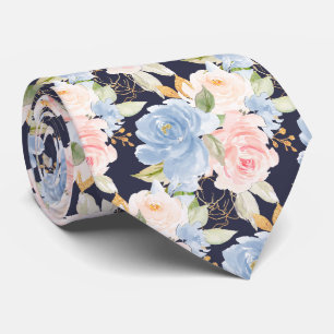 Waterverf Bloemen Stof Blauw Stof Roze Rozen Stropdas