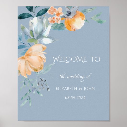 Waterverf Bloemen Stofblauw Poster (Voorkant)