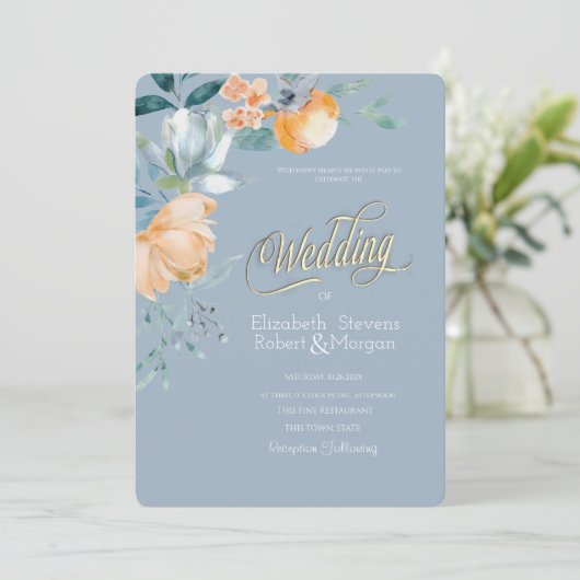 Waterverf Bloemen Stoffig Blauw Bruiloft Kaart (Staand voorkant)