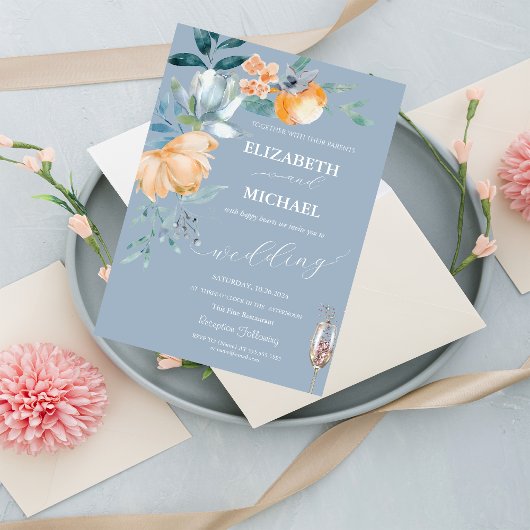 Waterverf Bloemen Stoffig Blauw Champagneglas Kaart