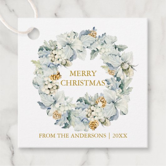 Waterverf Bloemen Stoffig Blauw Goud Kerstcadeau Bedankjes Labels (Voorkant)