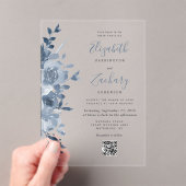 Waterverf Bloemen Stoffig Blauw QR Code Huwelijk Acryl Uitnodigingen (Insitu (Draagbaar))
