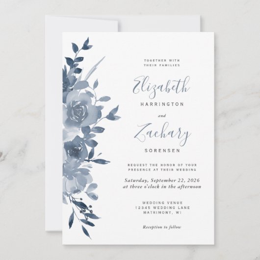 Waterverf Bloemen Stoffig Blauw QR Code Huwelijk Kaart (Voorkant)