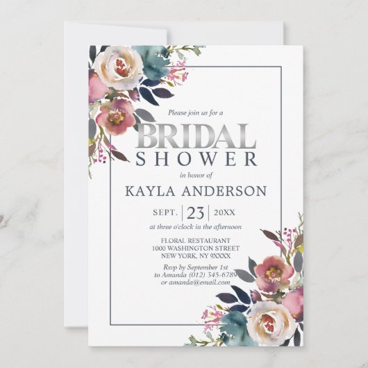 Waterverf Bloemen Stoffig Blauw Roos Vrijgezellenf Kaart (Voorkant)