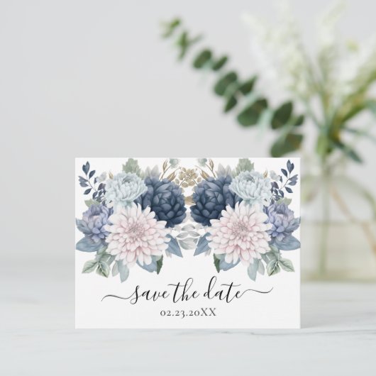 Waterverf Bloemen stoffig blauw Save the Date Briefkaart (Staand voorkant)
