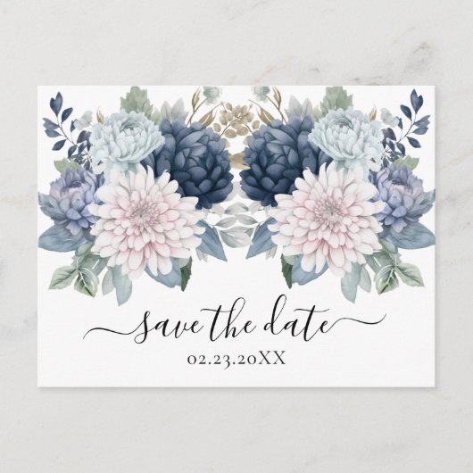 Waterverf Bloemen stoffig blauw Save the Date Briefkaart (Voorkant)