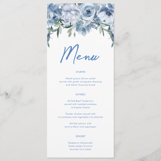 Waterverf Bloemen Stoffig Blauw Vrijgezellenfeest Menu (Voorkant)