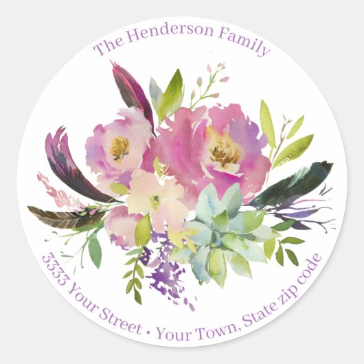 Waterverf Bloemen Succulent Boho Retouradres Ronde Sticker (Voorkant)