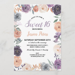 Waterverf Bloemen Sweet 16 Party Bloemen Paarse Kaart