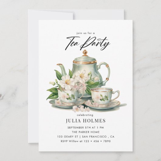 Waterverf Bloemen Teacup Tea Party Kaart (Voorkant)