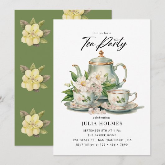 Waterverf Bloemen Teacup Tea Party Kaart (Voorkant / Achterkant)