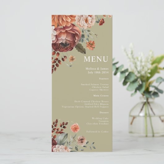Waterverf Bloemen Terracotta Sage Green Wedding Menu (Staand voorkant)
