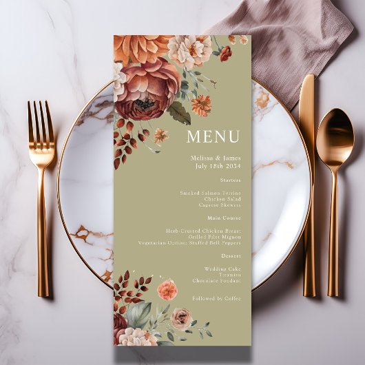 Waterverf Bloemen Terracotta Sage Green Wedding Menu