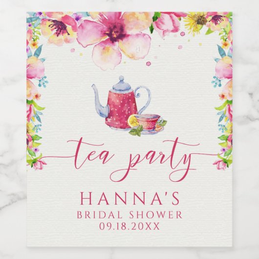 Waterverf Bloemen Thee Partij Wijn Etiket (Enkel label)