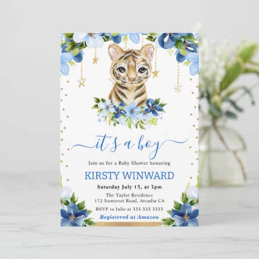 Waterverf Bloemen Tijger Cub Boy Baby shower Kaart (Staand voorkant)