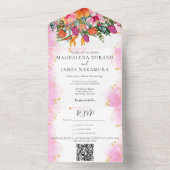 Waterverf Bloemen Tropisch Boeket Roze & Sinaasapp All In One Uitnodiging (Binnen)