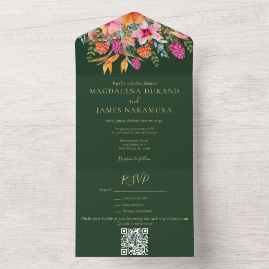 Waterverf Bloemen Tropisch Groen Roze & Sinaasappe All In One Uitnodiging (Binnen)