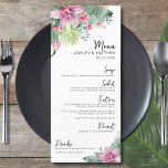 Waterverf Bloemen Tropische bruiloft Menu<br><div class="desc">Elegante bestemming Floral Palm Tropical Wedding Menu. Gebruik dit menu voor een huwelijksreceptie, verlovingsfeest, repetitiediner of zelfs een andere speciale gelegenheid. Met roze en groene botanische accenten gecontrasteerd door zwart-witte letters. Een tropisch ontwerp dat de rustige schoonheid van de natuur omarmt, gemengd met een speelse kant die je zeker helpt...</div>