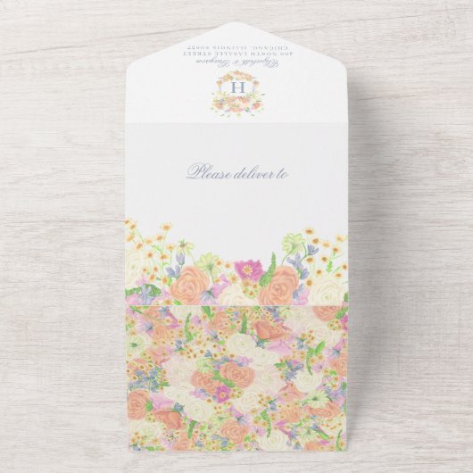 Waterverf Bloemen Tuin Party Crest Bruiloft All In One Uitnodiging (Buitenkant)